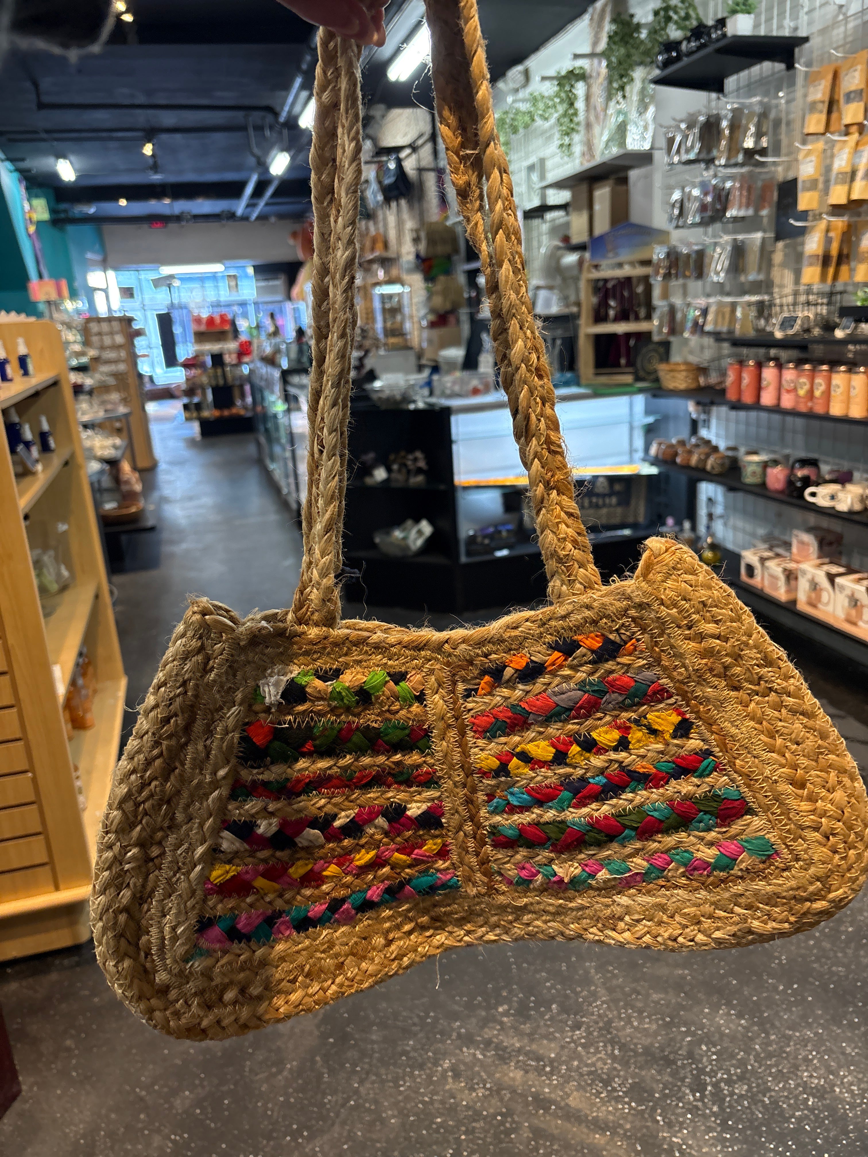 Colorful Jute and Cotten Stripe Shoulder Tote Bag
