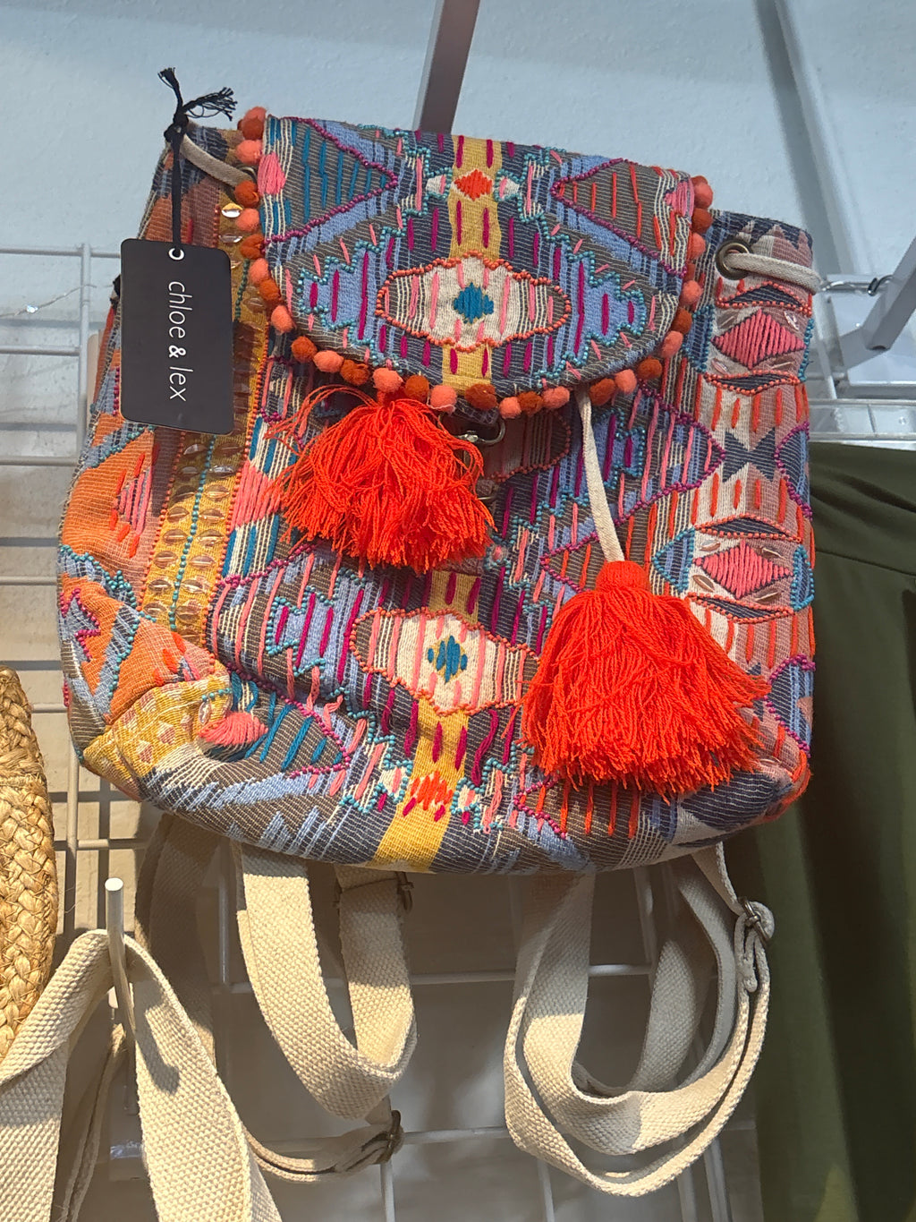 Coral Turquoise Aztec Beaded Cotton Backpack