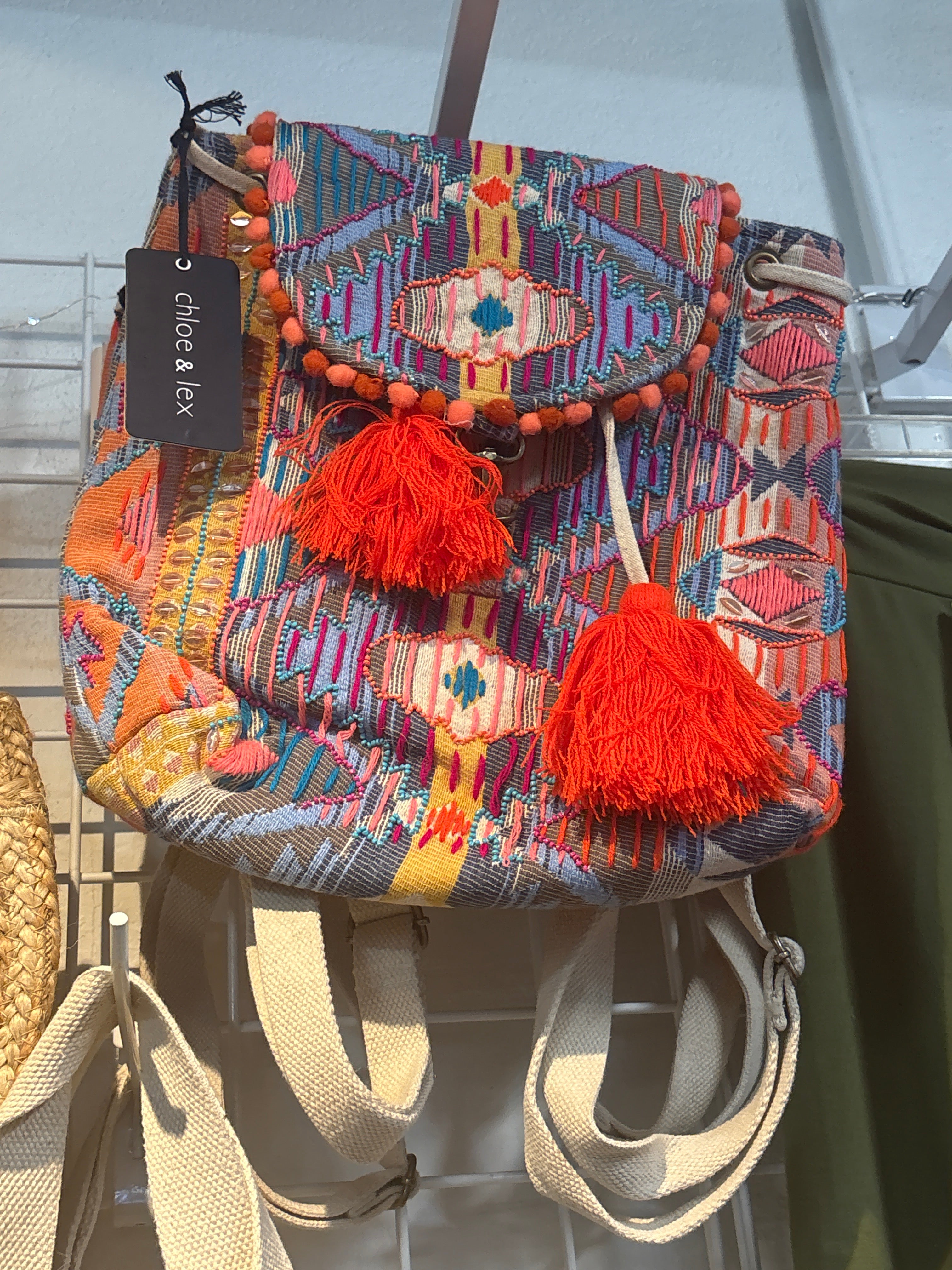 Coral Turquoise Aztec Beaded Cotton Backpack