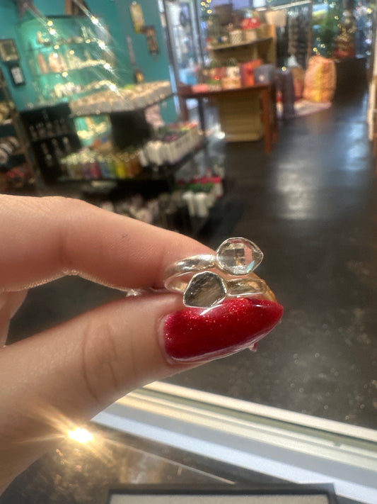 Moldavite and Herkimer Diamond Ring