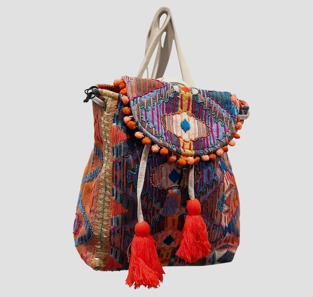 Coral Turquoise Aztec Beaded Cotton Backpack