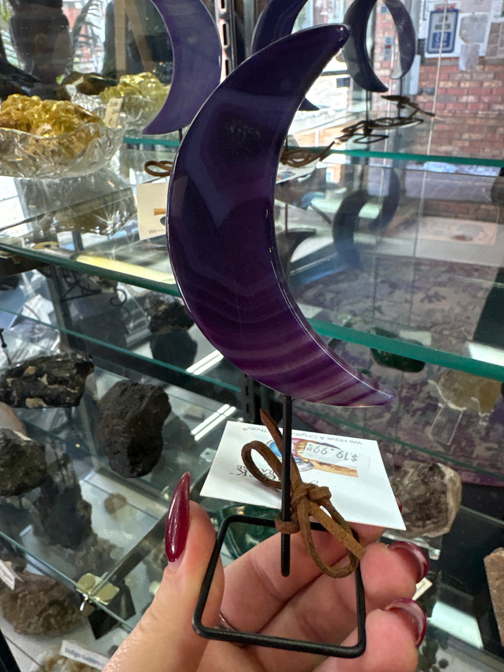 Purple Agate Moon Carving on stand