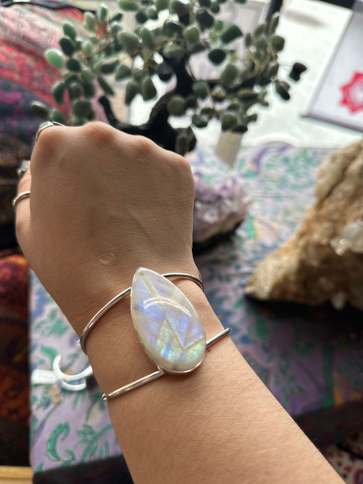 Rainbow Moonstone With Sterling Silver Bracelet