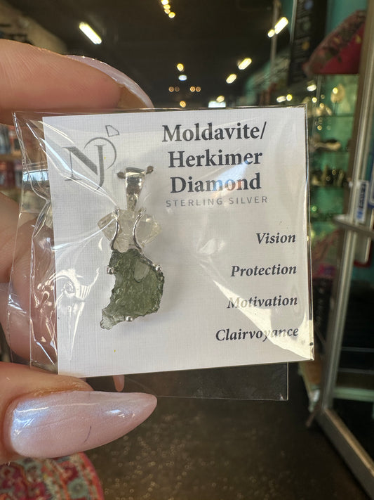 Moldavite & Herkimer Diamon Pendant